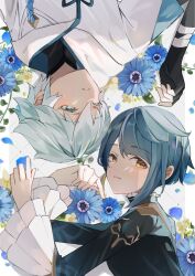 Rule 34 | 2boys, bandages, black gloves, black shirt, blue bow, blue eyes, blue flower, blue hair, blue jacket, border, bow, chongyun (genshin impact), closed mouth, floral background, flower, frills, genshin impact, gloves, grey background, hair between eyes, hand up, hands up, highres, jacket, leaf, long sleeves, looking at another, looking at viewer, looking down, lying, male focus, mandarin collar, multiple boys, on back, on side, one eye closed, outside border, petals, shadow, shirt, short hair, short sleeves, smile, teeth, vest, white border, white vest, wide sleeves, xingqiu (genshin impact), yellow eyes, yellow flower, yui 4293