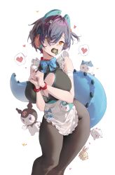 Rule 34 | 1girl, absurdres, apron, blue bow, blue bowtie, blue tail, bow, bowtie, breasts, chiikawa, chiikawa (character), cleavage, cleavage cutout, clothing cutout, hachiware (chiikawa), hair between eyes, hair ornament, hairclip, headphones, heart, heart cutout, highres, kuromi, large breasts, large tail, orange eyes, pacifier, pantyhose, pepperdevil, sanrio, simple background, spoken heart, tail, usagi (chiikawa), waist apron, white apron, white background