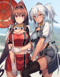 Rule 34 | 2girls, alternate costume, bandeau, black gloves, black legwear, blush, breasts, brown eyes, brown hair, closed mouth, dark-skinned female, dark skin, flower, gloves, grey skirt, hair between eyes, hair flower, hair ornament, half gloves, highres, jacket, kantai collection, kasumi (skchkko), large breasts, long hair, looking at viewer, multiple girls, musashi (kancolle), musashi kai ni (kancolle), oil-paper umbrella, open clothes, open jacket, open mouth, pink flower, ponytail, race queen, red bandeau, red eyes, red skirt, red umbrella, short sleeves, silver hair, skirt, smile, thighhighs, two side up, umbrella, white gloves, yamato (kancolle)