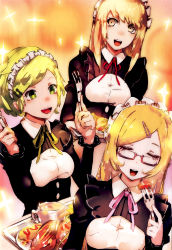 Rule 34 | 3girls, apron, blonde hair, cixous (overlord), eating, foire, food, framed breasts, glasses, gradient background, hair ornament, hairclip, highres, lumiere (overlord), maid, maid apron, maid headdress, multiple girls, official art, overlord (maruyama), so-bin