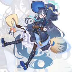 Rule 34 | &lt;key&gt; (robot) (blue archive), 1girl, absurdly long hair, adjusting clothes, adjusting headwear, alternate costume, alternate hairstyle, aris (blue archive), arm up, belt, belt pouch, black footwear, black hair, black pantyhose, blue archive, blue capelet, blue eyes, boots, broom, broom riding, capelet, commentary request, frilled skirt, frills, full body, gloves, hair between eyes, hair down, halo, hat, highres, holding, holding broom, jacket, knee boots, long bangs, long hair, long hair between eyes, long sleeves, looking at viewer, open clothes, open jacket, pantyhose, potion, pouch, sidelocks, simple background, skirt, solo, surps, very long hair, white gloves, witch, witch hat, zipper, zoom layer