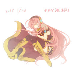 Rule 34 | 1girl, black thighhighs, blush, boots, cross-laced footwear, detached sleeves, closed eyes, happy birthday, headset, highres, hisa wan, knee boots, lace-up boots, long hair, long skirt, megurine luka, pink hair, see-through, side slit, skirt, solo, thighhighs, very long hair, vocaloid, yellow footwear