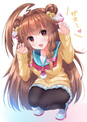 Rule 34 | 1girl, :d, ahoge, arm up, bell, blue sailor collar, brown eyes, brown hair, brown pantyhose, brown sweater, claw pose, commentary request, double bun, fang, fingernails, full body, grey footwear, hair bell, hair between eyes, hair bun, hair intakes, hair ornament, hair ribbon, hand up, head tilt, heart, highres, huge ahoge, jewelry, jingle bell, kantai collection, ko yu, kuma (kancolle), long hair, long sleeves, looking at viewer, open mouth, pantyhose, pleated skirt, ribbon, ring, sailor collar, school uniform, serafuku, shoes, skirt, sleeves past wrists, smile, solo, squatting, sweater, translation request, uwabaki, very long hair, wedding band, white background, white ribbon, white skirt