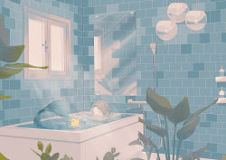 Rule 34 | 1girl, absurdres, bath, bathroom, bathtub, blonde hair, blue theme, closed eyes, commentary request, highres, indoors, lamp, mermaid, mirror, monster girl, nature, original, partially submerged, plant, rubber duck, shion 08, shower head, soap bottle, solo, tile wall, tiles, water, window