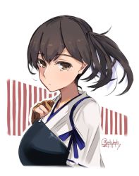 Rule 34 | 1girl, alakoala, brown eyes, brown hair, dated, highres, japanese clothes, kaga (kancolle), kantai collection, long hair, looking at viewer, muneate, one-hour drawing challenge, side ponytail, solo, tasuki, twitter username, upper body, white background