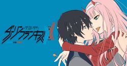 Rule 34 | 10s, 1boy, 1girl, absurdres, black hair, blue eyes, candy, couple, darling in the franxx, face-to-face, facing another, food, fringe trim, green eyes, hair ornament, hairband, hetero, highres, hiro (darling in the franxx), holding, holding candy, holding food, holding lollipop, horns, kolulusakol, lollipop, long hair, long sleeves, looking at another, military, military uniform, necktie, oni horns, pink hair, red horns, red neckwear, short hair, straight hair, tongue, tongue out, uniform, white hairband, zero two (darling in the franxx)
