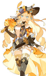 Rule 34 | 1girl, bare shoulders, black flower, black gloves, black hat, black rose, black thighhighs, blonde hair, blue eyes, blue gemstone, bodice, breasts, cyenmi3, detached sleeves, dress, drill hair, drill sidelocks, flower, gem, genshin impact, gloves, gold trim bow, hat, hat feather, hat flower, highres, holding, holding umbrella, jewelry, lace-trimmed collar, lace trim, large breasts, long hair, looking at viewer, navia (genshin impact), open mouth, rose, ship&#039;s wheel ornament, sidelocks, simple background, smile, solo, strapless, strapless dress, thighhighs, umbrella, very long hair, white background, yellow flower, yellow rose