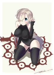 Rule 34 | 10s, 1girl, bad id, bad pixiv id, bare shoulders, barefoot, black thighhighs, blue eyes, blush, bodysuit, breasts, covered erect nipples, dated, detached sleeves, earrings, elizabeth liones, feet, from above, full body, glint, grey background, hair over one eye, halterneck, highres, impossible clothes, jewelry, large breasts, legs apart, leotard, lips, long hair, nanatsu no taizai, ribbed leotard, rumisher, shiny clothes, signature, silver hair, simple background, solo, thighhighs, thighs, toes, very long hair
