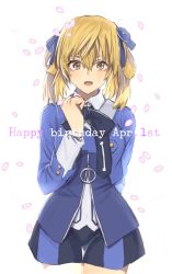 Rule 34 | 1girl, artist request, blonde hair, blue bow, blue dress, blue ribbon, blush, bow, breasts, brown eyes, cherry blossoms, dress, english text, facing viewer, hair between eyes, hair ornament, hair ribbon, hair tie, hand up, highres, jacket, large breasts, long hair, long sleeves, looking at viewer, open mouth, petals, ribbon, solo, standing, surprised, sweat, sweatdrop, tagme, tongue, twintails, welch vineyard, zipper, zipper pull tab