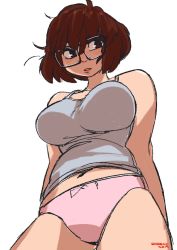 Rule 34 | 1girl, 2019, blush, breasts, brown hair, commentary, english commentary, from below, glasses, grey tank top, large breasts, looking at viewer, midriff peek, navel, original, panties, parted lips, pink panties, short hair, sketch, snowcie, snowciel, solo, tank top, underwear, white background