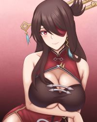 Rule 34 | 1girl, beidou (genshin impact), blush, breasts, brown hair, cleavage, cleavage cutout, clothing cutout, collarbone, dress, eve (pixiv25240695), eyeshadow, genshin impact, hair ornament, hair over one eye, hair stick, head tilt, highres, large breasts, leaning to the side, makeup, one eye covered, red background, red dress, red eyes, red eyeshadow, smile, solo, underboob, underboob cutout