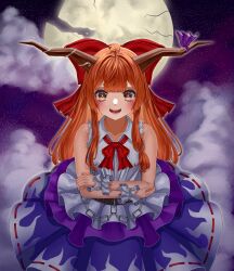 Rule 34 | 1girl, absurdres, ahoge, blunt bangs, blush, bow, bowtie, broken moon, brown horns, buttons, chain, cloud, commentary request, cowboy shot, crossed arms, flame print, flat chest, full moon, hair bow, hair intakes, highres, horn bow, horn ornament, horns, ibuki suika, layered skirt, long hair, looking at viewer, medium bangs, moon, open mouth, orange hair, print skirt, purple bow, purple skirt, purple sky, red bow, red bowtie, ribbon-trimmed skirt, ribbon trim, shalunishka, shirt, sidelocks, skirt, sky, sleeveless, sleeveless shirt, smile, solo, star (sky), starry sky, teeth, tongue, torn clothes, torn sleeves, touhou, v-shaped eyebrows, very long hair, white shirt, wrist cuffs