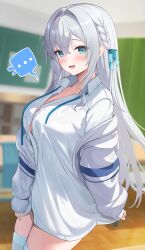 Rule 34 | ..., 1girl, absurdres, blue eyes, blue ribbon, blurry, blurry background, blush, braid, breasts, classroom, collared shirt, commentary request, cowboy shot, crossed bangs, dress shirt, green ribbon, grey hair, grey jacket, hair between eyes, hair intakes, hair ribbon, highres, hitachi sou, indoors, jacket, large breasts, long hair, long sleeves, looking at viewer, neck ribbon, no pants, off shoulder, open clothes, open jacket, open mouth, original, paid reward available, ribbon, shirt, sleeves past wrists, smile, solo, spoken ellipsis, standing, sweat, thighhighs, track jacket, undone neck ribbon, very long hair, white shirt, white thighhighs, wooden floor