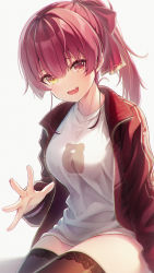 1girl alternate_costume alternate_hairstyle black_thighhighs breasts chihiro_ayaka commentary_request fang grey_background hair_between_eyes hair_ribbon heterochromia highres hololive houshou_marine jacket long_sleeves looking_at_viewer medium_breasts open_clothes open_jacket open_mouth ponytail red_eyes red_hair red_jacket red_ribbon ribbon shirt simple_background smile solo thighhighs thighs virtual_youtuber white_shirt yellow_eyes