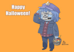 Rule 34 | 1girl, alternate costume, basket, black footwear, blue hair, blue skin, buttons, cabbie hat, candy, closed eyes, colored skin, commentary request, contemporary, denim, english text, expressive clothes, food, full body, grey jacket, hair between eyes, halloween, hat, holding, holding basket, jacket, jeans, jiangshi, long sleeves, miyako yoshika, ofuda, onikobe rin, open mouth, orange background, pants, plaid, plaid shirt, purple hat, red shirt, salute, sharp teeth, shirt, shoes, short hair, signature, simple background, solo, standing, star (symbol), teeth, touhou, twitter username