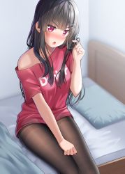 Rule 34 | 1girl, bare shoulders, black hair, blurry, blurry background, blush, breasts, brown pantyhose, clothes writing, collarbone, commentary request, depth of field, fine fabric emphasis, gurande (g-size), hair ornament, twirling hair, hairclip, hand up, highres, indoors, long hair, narumiya tsukasa, off shoulder, on bed, original, pantyhose, pillow, red eyes, red shirt, shirt, sitting, small breasts, solo, v-shaped eyebrows, very long hair, x hair ornament
