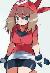 Rule 34 | 1girl, arm support, bandana, bike shorts, blue eyes, blush, breasts, brown hair, collared shirt, commentary, cowboy shot, creatures (company), game freak, gloves, hair between eyes, highres, hyou (hyouga617), long hair, looking at viewer, may (pokemon), medium breasts, messy hair, microskirt, multicolored shirt, nintendo, pencil skirt, pokemon, pokemon rse, red bandana, red shirt, shirt, short sleeves, sitting, skirt, smile, solo, white background, white skirt