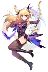 Rule 34 | 1girl, ainy, black footwear, black thighhighs, blonde hair, boots, bow (weapon), breasts, commentary request, elbow gloves, eyepatch, fischl (genshin impact), full body, garter straps, genshin impact, gloves, green eyes, hand up, highres, holding, holding bow (weapon), holding weapon, long hair, medium breasts, solo, standing, thighhighs, thighs, two side up, weapon, white background