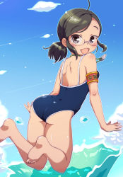 Rule 34 | 1girl, armband, ass, barefoot, black eyes, black hair, blue one-piece swimsuit, blue sky, cloud, competition school swimsuit, day, from behind, glasses, gradient background, hatomugi (mamotan), highres, idolmaster, idolmaster cinderella girls, looking at viewer, looking back, low twintails, one-piece swimsuit, open mouth, saejima kiyomi, school swimsuit, short hair, sky, solo, swimsuit, twintails, whistle