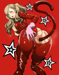 Rule 34 | 10s, 1girl, anal, anal object insertion, anal tail, ass, blonde hair, blue eyes, blush, bodysuit, breasts, breasts out, butt plug, cat tail, earrings, fake tail, gloves, jewelry, looking at viewer, monpuchi, nipples, object insertion, persona, persona 5, pink gloves, red background, saliva, sex toy, simple background, solo, star (symbol), tail, takamaki anne, teeth, tongue, tongue out, twintails