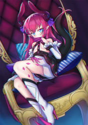 Rule 34 | 10s, 1girl, aly, aly (wei983999767), bad id, bad pixiv id, blue eyes, chair, chromatic aberration, dragon girl, dragon horns, dragon tail, elizabeth bathory (fate), elizabeth bathory (fate/extra ccc), elizabeth bathory (first ascension) (fate), fate/extra, fate/extra ccc, fate (series), flat chest, horns, looking at viewer, pillow, pointy ears, red hair, sitting, slit pupils, solo, tail