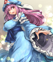 Rule 34 | 1girl, :o, arm garter, breasts, dress, female focus, floating hair, floral print, gradient background, hat, impossible clothes, japanese clothes, large breasts, long hair, long sleeves, obi, pink hair, red eyes, saigyouji yuyuko, sash, sleeves past wrists, solo, touhou, triangular headpiece, umigarasu (kitsune1963), wide sleeves