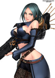Rule 34 | 1girl, alicia (bullet witch), alicia (bullet witch), aq interactive, bare shoulders, belt, breasts, bullet witch, cavia, detached sleeves, green eyes, green hair, gun, large breasts, matching hair/eyes, midriff, mole, mole under eye, ryu (ryu&#039;s form site), see-through, short hair, simple background, solo, waist cape, weapon
