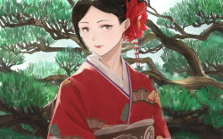 Rule 34 | 1girl, black hair, brown eyes, closed mouth, flower, furisode, hair flower, hair ornament, japanese clothes, kimono, lipstick, looking at viewer, makeup, obi, original, parted bangs, pine tree, red flower, red kimono, red lips, sash, smile, solo, somehira katsu, tree, upper body