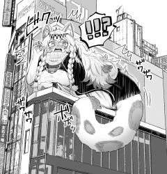 Rule 34 | !?, 1girl, animal ear fluff, animal ears, arknights, bead necklace, beads, black capelet, blush, bokiboki333, braid, building, capelet, dress, giant, giantess, greyscale, highres, jewelry, large tail, leopard ears, leopard girl, leopard tail, long hair, meme, monochrome, necklace, open mouth, pramanix (arknights), shinjuku cat, solo, speech bubble, spoken interrobang, surprised, tail, turtleneck, turtleneck dress, twin braids
