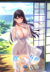 Rule 34 | 1girl, absurdres, areola slip, argonauts, black hair, blush, breasts, cleavage, collarbone, copyright name, covered navel, day, dress, floating hair, grass, hair ornament, highres, large breasts, long hair, long sleeves, looking at viewer, mountainous horizon, open mouth, red eyes, rock, shouji, sidelocks, sliding doors, smile, solo, standing, tree, white dress, wind chime, wooden floor, yamakaze ran