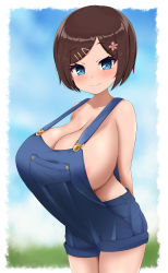 Rule 34 | 1girl, areola slip, areolae, arms behind back, bangs, bare shoulders, blue eyes, blush, breasts, brown hair, cleavage, collarbone, cowboy shot, denim, eyebrows visible through hair, hair ornament, hairpin, highres, huge breasts, looking at viewer, naked overalls, no bra, original, outdoors, overalls, parted bangs, sayo ayato, short hair, smile, solo, swept bangs