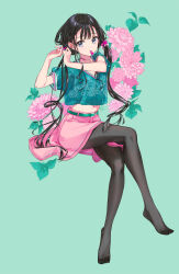 Rule 34 | 1girl, adagaki aki, black hair, black pantyhose, bow, floating, floral background, flower, full body, green background, green eyes, green shirt, hair bow, hair over shoulder, highres, holding, holding bow (ornament), jewelry, leaf, long hair, looking at viewer, masamune-kun no revenge, mouth hold, navel, necklace, pantyhose, pink bow, pink flower, pink skirt, shirt, short sleeves, sidelocks, simple background, sitting, skirt, solo, tiv, tying hair