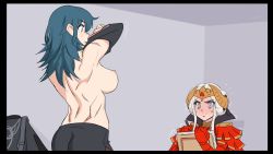 Rule 34 | 2girls, bad id, bad pixiv id, black border, black pants, black shirt, blue eyes, blue hair, blush, border, breasts, byleth (female) (fire emblem), byleth (fire emblem), clothes lift, commentary, drawing, dress, edelgard von hresvelg, fire emblem, fire emblem: three houses, grey eyes, looking at another, mikoyan, multiple girls, nintendo, nipples, pants, pantyhose, red dress, scar, shaking, shirt, shirt lift, sideboob, sweat, topless, white hair