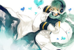 1boy acht bad_id bad_pixiv_id blue_eyes blue_hair cable coat dutch_angle headphones kaito_(vocaloid) long_sleeves male_focus matching_hair/eyes musical_note open_clothes open_coat sabutarou scarf simple_background solo vocaloid white_background