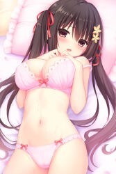 Rule 34 | 1girl, blush, bow, bow bra, bow panties, bra, breasts, cameltoe, cleavage, commentary request, cowboy shot, curvy, double-parted bangs, eyelashes, eyes visible through hair, flower, frilled bra, frilled pillow, frills, hair between eyes, hair flower, hair ornament, hair ribbon, hair spread out, half updo, hands up, head on pillow, head tilt, highres, large breasts, long hair, looking at viewer, lying, midriff, navel, off shoulder, on back, on bed, open mouth, original, panties, pillow, pink bra, pink panties, red bow, red eyes, red ribbon, ribbon, sakura (utsumire), shy, solo, stomach, sweat, twintails, underwear, underwear only, utsunomiya tsumire, very long hair, yellow flower
