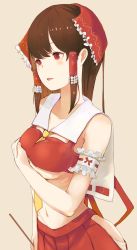Rule 34 | 1girl, absurdres, adapted costume, arm at side, armband, blush, bow, breasts, brown hair, crop top, eyelashes, facing away, frilled bow, frills, gohei, hair between eyes, hair bow, hair tubes, hakurei reimu, hand on breast, highres, hip vent, holding, isaka wasabi, lips, long hair, looking away, medium breasts, navel, necktie, no bra, nontraditional miko, pink lips, pleated skirt, red bow, red eyes, red shirt, red skirt, ribbon-trimmed clothes, ribbon trim, shide, shirt, simple background, skirt, solo, stomach, straight hair, swastika, touhou, underboob, yellow necktie