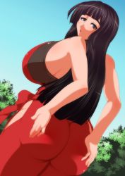 Rule 34 | 1girl, ass, bare shoulders, benedicta (yamamaya4), black hair, breasts, brown eyes, from behind, from below, hakama, hakama skirt, hand on ass, hands on own hips, highres, hip focus, huge ass, huge breasts, japanese clothes, leotard, long hair, looking at viewer, looking back, m.u.g.e.n, original, parted lips, sendai hakurei no miko, shiny clothes, sideboob, skirt, sleeveless, solo, standing, touhou, very long hair, wide hips