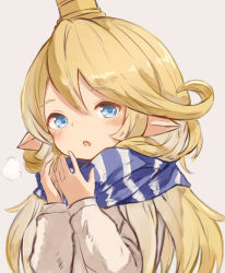 Rule 34 | 1girl, :o, blonde hair, blue eyes, blue scarf, blush, charlotta (granblue fantasy), cold, commentary request, crown, enpera, granblue fantasy, grey background, hair between eyes, harvin, highres, long hair, looking at viewer, mote max, pointy ears, scarf, simple background, solo, striped clothes, striped scarf, upper body