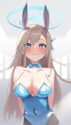 Rule 34 | 1girl, absurdres, animal ears, arms behind back, asuna (blue archive), asuna (bunny) (blue archive), bare shoulders, black pantyhose, blue archive, blue bow, blue bowtie, blue leotard, blue ribbon, blush, bow, bowtie, breasts, brown hair, cleavage, closed mouth, collarbone, commentary, cowboy shot, detached collar, dot nose, fake animal ears, forehead, hair ornament, hair ribbon, halo, highleg, highleg leotard, highres, large breasts, leotard, long hair, looking at viewer, mole, mole on breast, navel, nohohon neko, official alternate costume, pantyhose, parted bangs, playboy bunny, ribbon, shadow, smile, solo, split mouth, strapless, strapless leotard