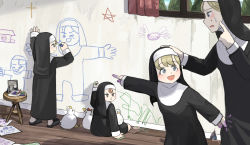 Rule 34 | 4girls, :d, absurdres, aged down, animal, animal on lap, bird, black footwear, blonde hair, blue eyes, blush, bow, brown eyes, brown hair, candy, chalk, chili pepper, clumsy nun (diva), commentary, cross, curtains, dirty, dirty clothes, dirty hands, diva (hyxpk), doodle, drawing, drawing (object), duck, english commentary, finger to cheek, food, food on head, froggy nun (diva), graffiti, habit, hair bow, hand on another&#039;s head, hand on floor, hand on wall, highres, holding, holding chalk, holding person, house, indoors, little nuns (diva), loafers, lollipop, looking at another, mole, mole under eye, mouse (animal), mouse tail, mouth hold, multiple girls, nun, object on head, on floor, on lap, open mouth, original, paper, picture frame, pointing, pointing at another, red bow, shadow, shoes, silhouette, sitting, skirt, skirt tug, sky, smile, spicy nun (diva), standing, star (symbol), stool, strict nun (diva), sweatdrop, swirl lollipop, tail, traditional nun, tree, triangle mouth, wall, window, wooden floor, yellow eyes