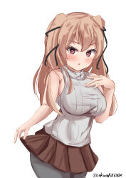 Rule 34 | 1girl, absurdres, alternate costume, breasts, brown eyes, brown skirt, cowboy shot, grey pantyhose, hair ribbon, highres, johnston (kancolle), kantai collection, light brown hair, long hair, medium breasts, one-hour drawing challenge, pantyhose, pleated skirt, ribbed sweater, ribbon, sakura ab, simple background, skirt, sleeveless, sleeveless sweater, solo, sweater, two side up, white background