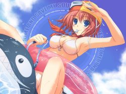 Rule 34 | 1girl, arm up, armpits, bikini, blue background, blue eyes, cloud, day, goggles, inflatable toy, inflatable whale, innertube, red hair, scarf, see-through, short hair, sky, smile, solo, swim ring, swimsuit, tomose shunsaku, whistle, white bikini