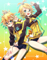 Rule 34 | 1boy, 1girl, aqua eyes, bandaid, bandaid on face, bandaid on nose, blonde hair, brother and sister, buruma, hair ornament, hairclip, headphones, jacket, kagamine len, kagamine rin, looking at viewer, natsumi yuu, open mouth, project diva, project diva (series), project diva f, short hair, siblings, smile, stylish energy (vocaloid), twins, v, vocaloid, wristband