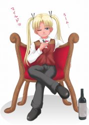 Rule 34 | 00s, alcohol, blonde hair, chair, glass, gunslinger girl, sitting, triela, twintails, wine