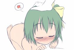 Rule 34 | 1girl, :&gt;=, blush, bow, closed eyes, cum, cum in mouth, daiyousei, edamame (barium), fellatio, green hair, hair bow, hand on another&#039;s head, head pat, headpat, heart, hetero, kneeling, nude, oral, pat, penis, pov, saliva, side ponytail, solo focus, spoken heart, touhou, uncensored