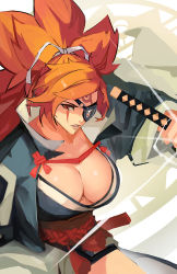 Rule 34 | 1girl, amputee, artist request, baiken, big hair, breasts, cleavage, eyepatch, facial tattoo, guilty gear, guilty gear strive, highres, japanese clothes, katana, kimono, large breasts, long hair, one-eyed, open clothes, open kimono, pink hair, ponytail, sash, scar, scar across eye, scar on face, solo, sword, tattoo, weapon