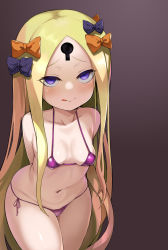 Rule 34 | 1girl, abigail williams (fate), absurdres, bikini, blonde hair, blue eyes, blush, breasts, collarbone, fate/grand order, fate (series), forehead, highres, keyhole, licking lips, long hair, looking at viewer, micro bikini, naughty face, navel, open mouth, parted bangs, purple bikini, shimejinameko, sidelocks, small breasts, solo, swimsuit, tongue, tongue out, very long hair
