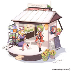 Rule 34 | 2girls, absurdres, adapted costume, aged down, arm ribbon, artist name, bad id, bad pixiv id, black gloves, blush, bow, can, chen, cloud print, corset, door, drawing (object), dress, elbow gloves, english text, flower, flower shop, food stand, french text, frilled dress, frilled skirt, frills, futatsuiwa mamizou, gap (touhou), gloves, green hair, hair bow, hand in own hair, hand up, hat, hat ribbon, highres, holding, holding can, inaba tewi, itohime, kagiyama hina, kazami yuuka, lantern, logo, long hair, looking at another, mob cap, multiple girls, necktie, open clothes, open vest, parted lips, puffy short sleeves, puffy sleeves, purple dress, purple eyes, purple footwear, red eyes, red skirt, ribbon, scarf, shoes, shop, short hair, short sleeves, sign, sitting, skirt, smile, stairs, standing, statue, table, tape, touhou, vest, water, watering can, white gloves, window, yakumo ran, yakumo yukari, yatai