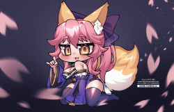 Rule 34 | 1girl, :3, animal ears, black thighhighs, blush, breasts, chibi, cleavage, detached sleeves, eyebrows, fate/extra, fate/grand order, fate (series), flower, fox girl, fox tail, hand up, highres, kneeling, large breasts, looking at viewer, osiimi, petals, photo-referenced, pink hair, tail, tamamo (fate), tamamo no mae (fate/extra), thick thighs, thighhighs, thighs, yellow eyes