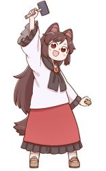 Rule 34 | 1girl, :d, aged down, animal ear fluff, animal ears, black scarf, blouse, blush, brown eyes, brown footwear, brown hair, full body, gem, hammer, hand up, highres, holding, holding hammer, imaizumi kagerou, loafers, long hair, long sleeves, looking at viewer, open mouth, poronegi, red eyes, red skirt, scarf, shirt, shoes, simple background, skirt, smile, socks, solo, standing, tail, touhou, very long hair, white background, white shirt, white socks, wide sleeves, wolf ears, wolf tail